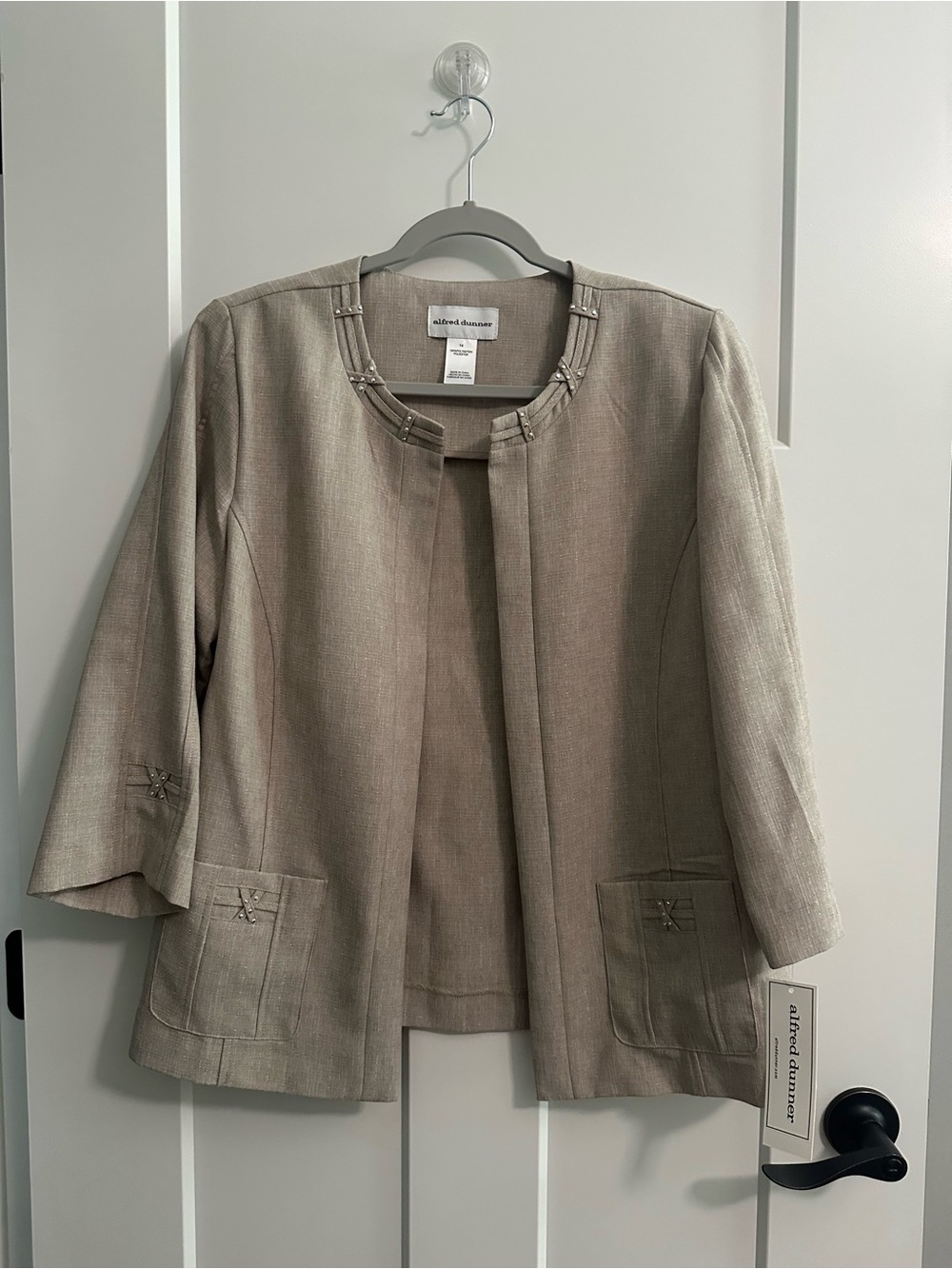 Alfred Dunner Taupe Open-Front Beaded-Neck Jacket